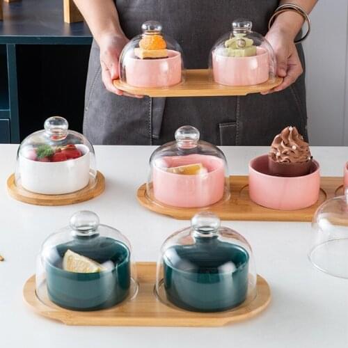 Ceramic Creative Dessert Bowl with Glass Cover Household Cake Pudding Bowl Modern Living Room Tableware Snack Dried Fruit Tray