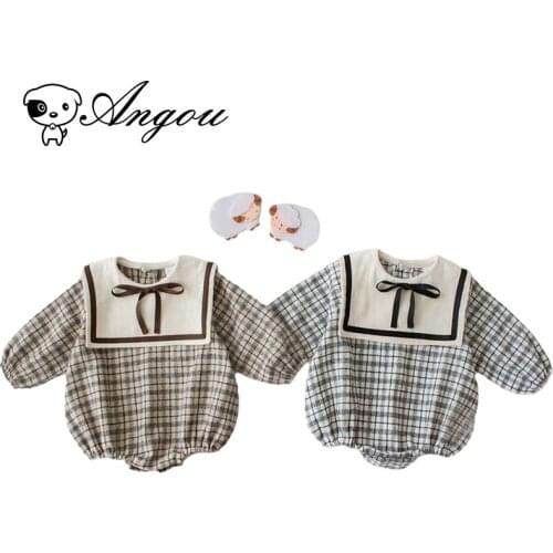 Angou Navy Wind Spring Baby Boys Girls Long Sleeves Grid Rompers Jumpsuit Spring Autumn Kids Baby Boy Girl Clothing Rompers