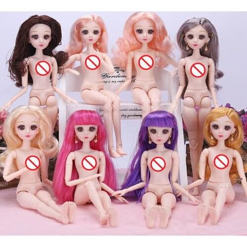 White Skin 36cm BJD Doll Nude Body Brown Eyes Bangs or Curly Gray Hair Plastic Dress Up Toys for Girls