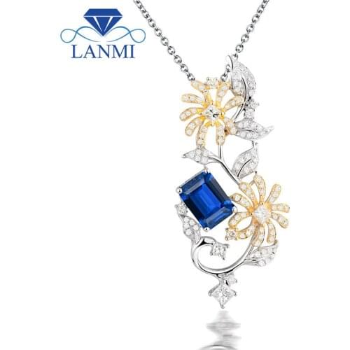 LANMI Noble Jewelry Emerald Cut 6x8mm Solid 18K Two Tone Gold Natural Diamond Tanzanite Pendants Jewelry for Women WP070