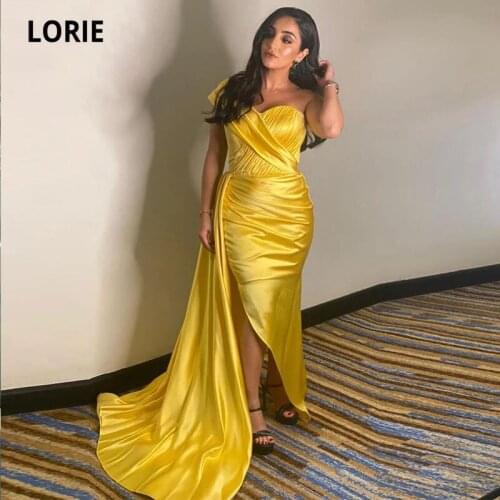 LORIE Gold Evening Dresses 2021 One Shoulder Pleats Formal Arabic Prom Gowns Side Split Satin Simple Mermaid Party Dress