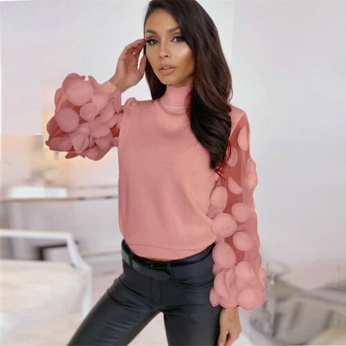 Fashion Women Autumn T-Shirts Dot Print Lace Decor See Through O-Neck Puff Sleeve Womans clothes Solid Color Slim Pullovers Top