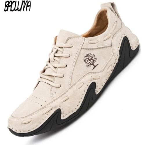 Mens Casual Shoes Leather Breathable Outdoor Mens Sneakers Suede Handmade Non-slip Mens Driving Shoes Walking Flats Hot Sale