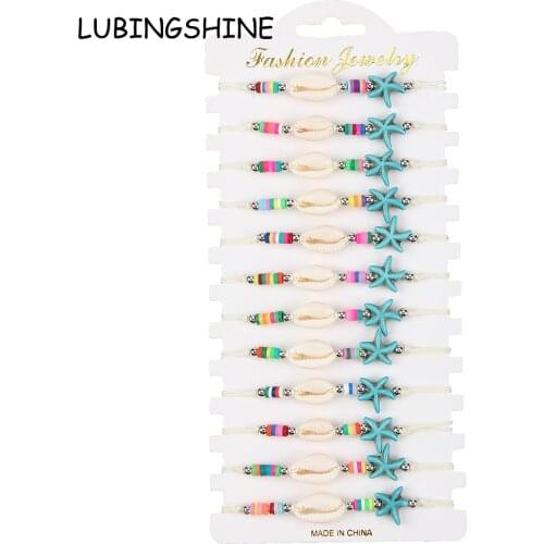 Boho 12pcs/lot Women Shell Starfish Charms Bracelet Set Braided Adjustable Rope Chain Handmade Soft Clay Anklet Beach Jewelry
