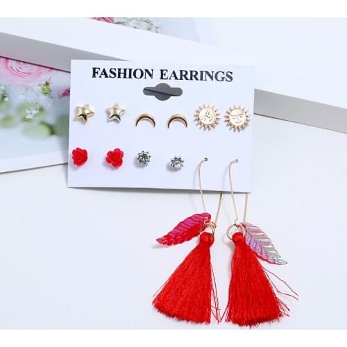 Ahmed Fashion Long Tassel Stud Earrings Set for Women Vintage Gold Color Sun Moon Star Earring Brincos Statement Jewelry Gift