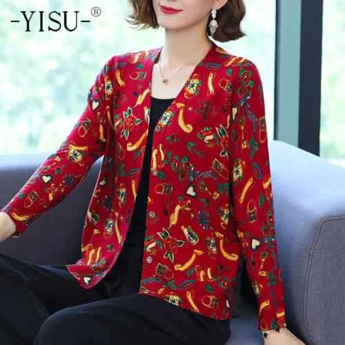 YISU New Wool Woman clothing Cardigan V-Neck Cardigan Coat Printing Long sleeve Sweater Spring Autumn Tops Knitted Coats Female