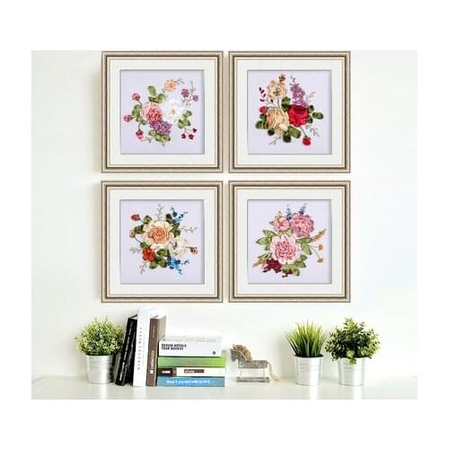 Embroidery ribbon new 3D silk printing embroidered living room dining room small hanging painting with English instruction