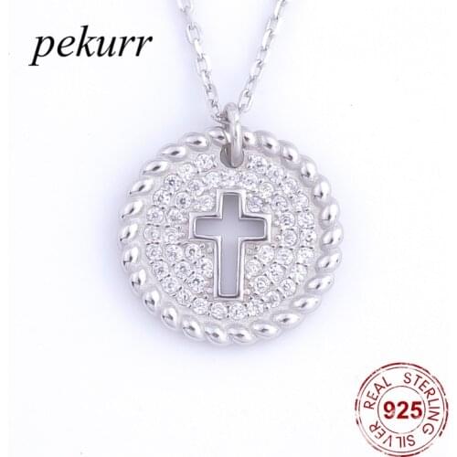 Pekurr 925 Sterling Silver Cubic Zircon Hollow Vintage Cross Round Circle Necklace Pandents For Women Silver Chain Jewelry Gift