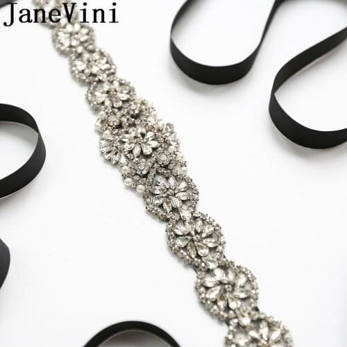 JaneVini Sparkly Silver Crystal Wedding Sash Bridal Belts Beaded Pearl Ribbon Wedding Dress Accessories Belt Accesorio Novia