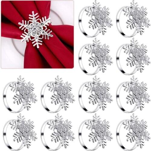 Rhinestone Snowflake Napkin Rings Holder Set of 12,Zinc alloy+copper, for Christmas Wedding Thanksgiving New Year Birthday