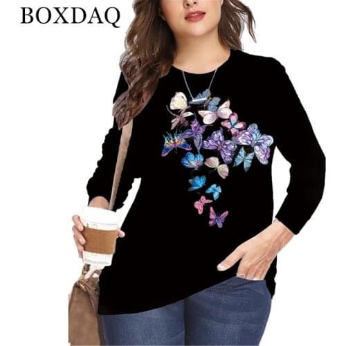 5XL 6XL Tops Plus Size 2021 Autumn Women Black White Butterfly Print T Shirt Fashion Long Sleeve Tees Casual O-Neck Ladies Shirt