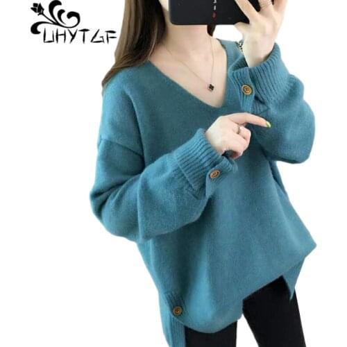 UHYTGF Women Sweaters Fashion V-Neck Pullover Casual Warm Autumn Top Female Korean Loose Knit Plus Size Coat Mujer Suéteres 1155