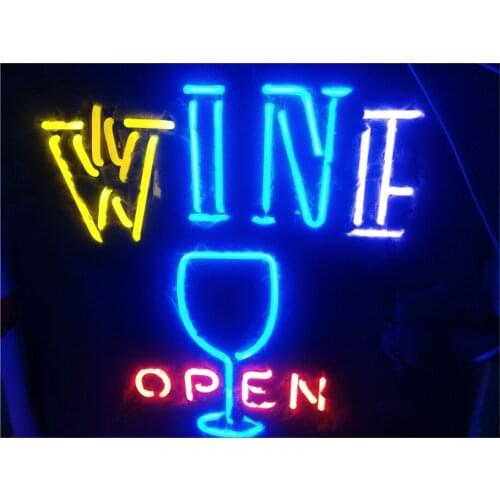 Wine Open Glasses Sign Neon Light Custom Handmade Real Glass Tube Store Bar Decoration Display Gift 19"X15"
