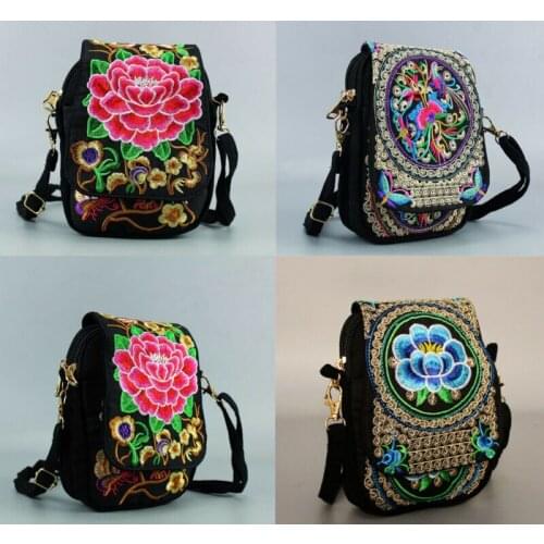 Women Shoulder Bag Travel Pouch Vintage Floral Embroidered Crossbody Zip Bag