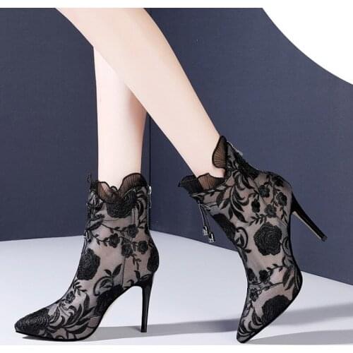 OLOMLB Womens Mesh Floral Shoes Embroidery Flower Lace Ankle Boots Summer Stilettos High Heel Ethnic Breathable Real Leather
