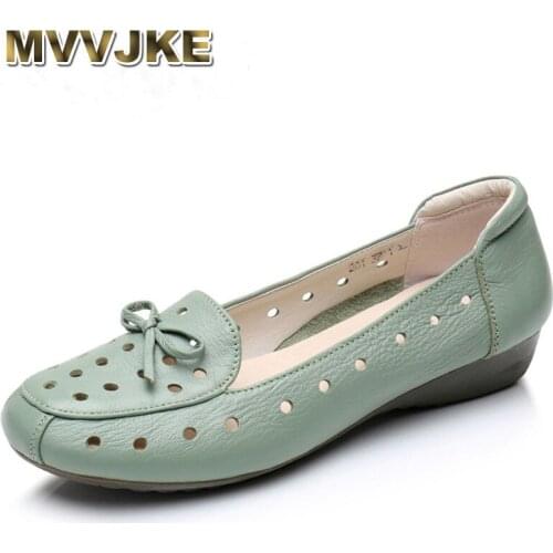 MVVJKE Summer High Quality Flat Women Genuine Leather Shoes 2017 Fashion Soft Bottom Bowknot Holes Hollow Out Shoes Woman
