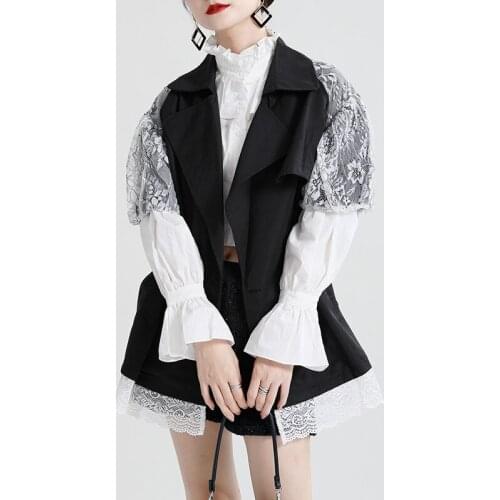 Johnature Fashion Patchwork Lace Women Trench 2021 Autumn New Casual Turn-down Collar Loose Short Sleeve Female Coats