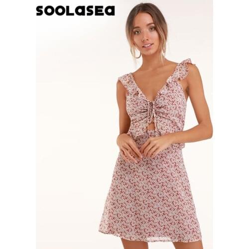 Soolasea 2020 New Arrival Casual A-line Print Sleeveless Ruffles Bow Tie Mini Tank Empire V-neck Summer Women Dress Vestidos