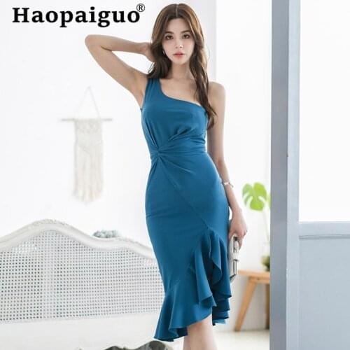 Plus Size Blue Sexy Bodycon Dress Women Sleeveless Wrap Evening Party Dress Women Solid Ruffles Bandage Slim Ladies Dresses