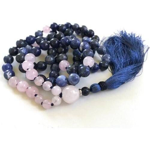Rose Q-uartz Sodalite Mala Beads Necklace Healing Stone Knotted Necklace 108 Yoga Meditation Beads Tassel Jewelry Women Femme