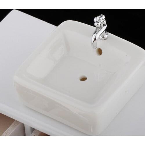 1/12 Miniature White Wash Basin Sink + Cabinet Simulation Set for Doll House