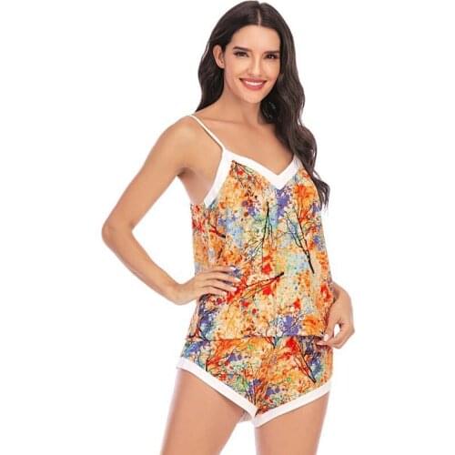 2021 Summer New Womens Sexy V-neck Floral Suspender Shorts Home Service Suit Pajamas Two Piece Set Summer