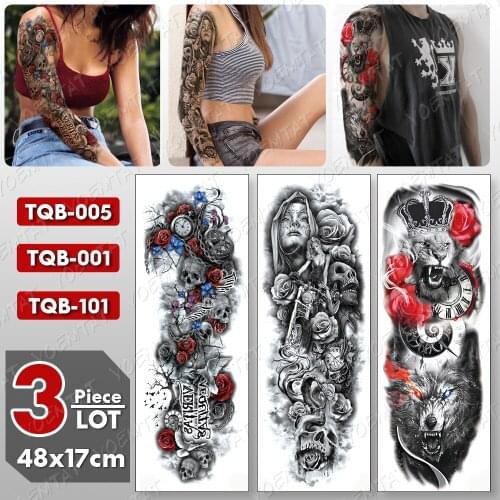 3 pcs/lot Large Arm Sleeve Tattoo Lion Crown Wolf Waterproof Temporary Tatto Sticker Skull Body Art Full Fake Tatoo Women Men