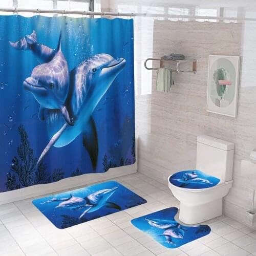 Dolphin Blue Sea Printed Pattern 180x180cm Shower Curtain Pedestal Rug Lid Toilet Cover Non-slip Floor Mat 4pcs Bathroom Decor