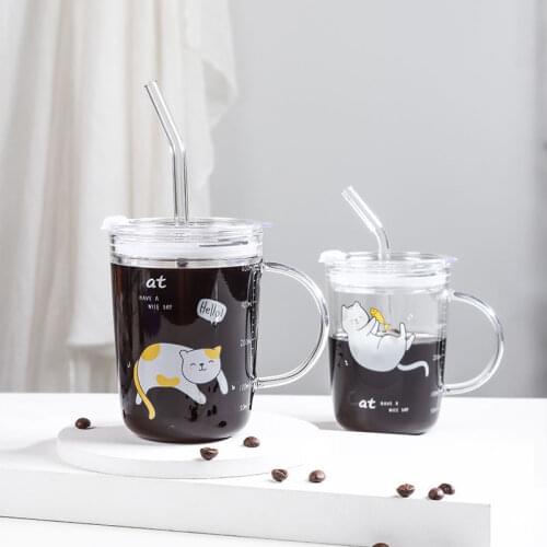 450ml Cartoon Childrens Milk Cup Scale Glass Juice Water Bottle Kids Cup with Straw Glass Bottle Water Cute Cat