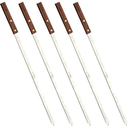 5Pcs Stainless Steel BBQ Skewers Reusable Wooden Handle BBQ Fork Long Flat Meat Skewers Sticks (Light Brown)