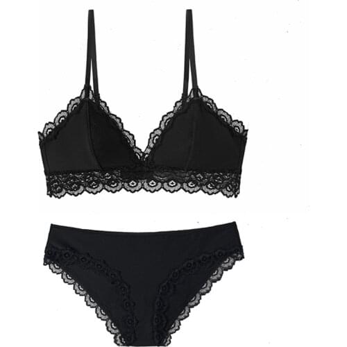 Sexy Ice Silk Striped Bralette With Lace Underwear Set Lingerie for Women Wireless Unlined Bra Triangle Cup Plunge Bras