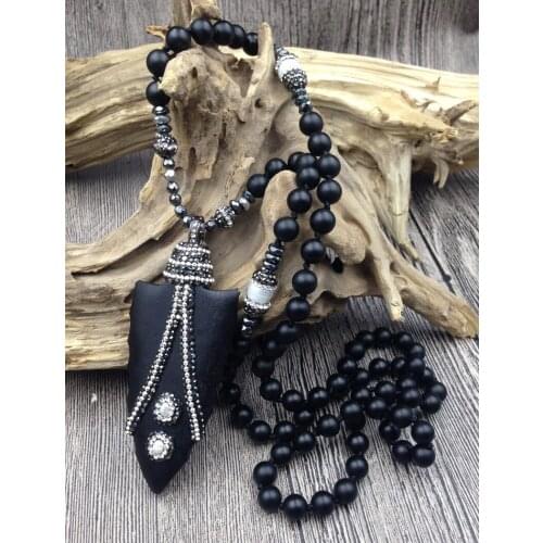 YA2683 Black Wood Arrow Pendant Pave Crystal Chakra Hematite Matte Agates Beads Knot Handmade Necklace 30inch or 40inch long