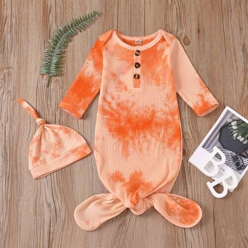 Newborn Wrap Sleepwear Baby Tie Dye Baby Nightgown And Hat Long Sleeve Ribbed Sleeping Bag & Cap Set
