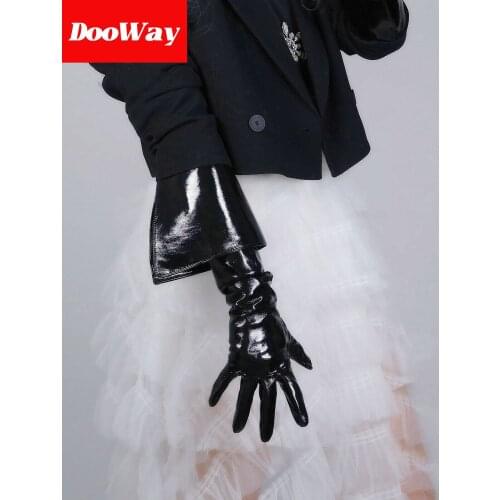DooWay Womens Long Faux Leather Gloves for Costume Pageant 25-inches with Large Turn up Cuff (Shiny Black)