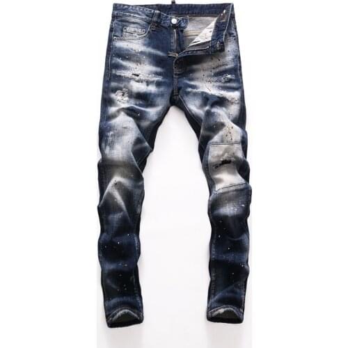 European Style dsq brand blue Jeans Men Stretch Elastic Slim Denim Jeans hole Casual zipper blue stripe Jeans for man 8250