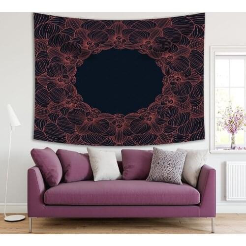 Tapestry Orchids Round Frame Exotic Bloom on Dark Background Floral Doodle Style Artwork Blue Pink