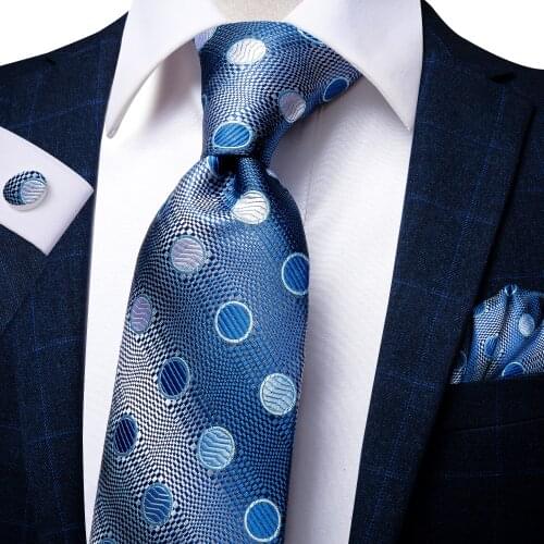 Hi-Tie Classic Navy Dot Necktie For Men Blue Luxury Mens Tie Set Silk 8.5cm Large Fashion Hanky Cufflinks Set High Quality