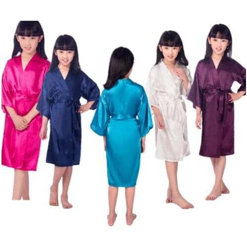 Wholesale Girls Solid Silk Satin Kimono Robes Kids Children Bathrobe Sleepwear Bath Nightgown for Wedding Spa Party Birthday