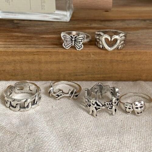 6Pcs/Set Vintage Silver Plated Angel Wings Ring for Womens Gothic Punk Steampunk Heart Butterfly Skull Ring Sets Party Jewelry