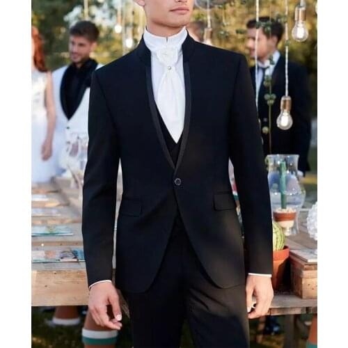Black Slim Fit Men Suits with Stand Colloar for Dinner Party 3 Pieces Wedding Groom Tuxedo Male Fashion Jacket with Vest Pants
