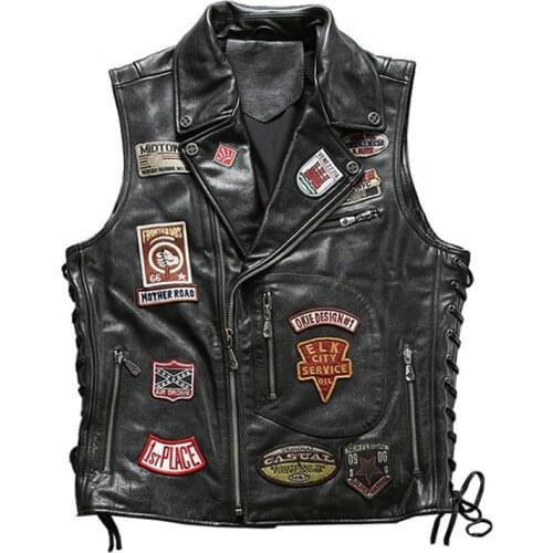 Embroidered Lapel Cowhide Vest Mens Head Layer Cowhide Diagonal Zipper Leather Waist Rope Leather Vest
