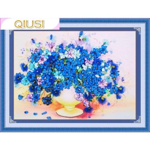 Chinese Needlework,DIY Ribbon Cross stitch Sets for Embroidery kit, vase blue flowers bands embroidery wall wedding decoration