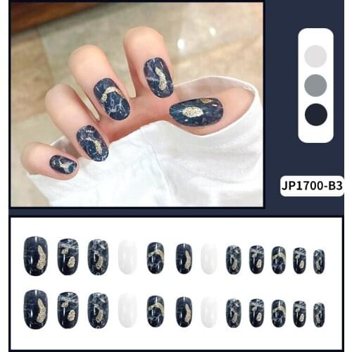 New Art Tips Fake Nails Blue-gray Marbled Gold Foil Polished Nail Stickers Finished Nail Stickers 24 Nail Stickers With Glue