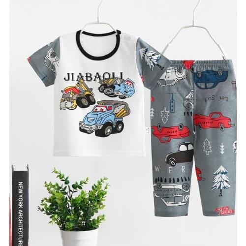 New 2021 Kids Boys Girls Summer Clothing Sets Cute Cartoon Print Short Sleeve T-Shirt Tops with Pants Toddler Baby Pajamas Sets