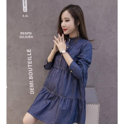 Pregnant women autumn new maternity dress loose long-sleeve large version A word denim long-sleeve dress tide mom