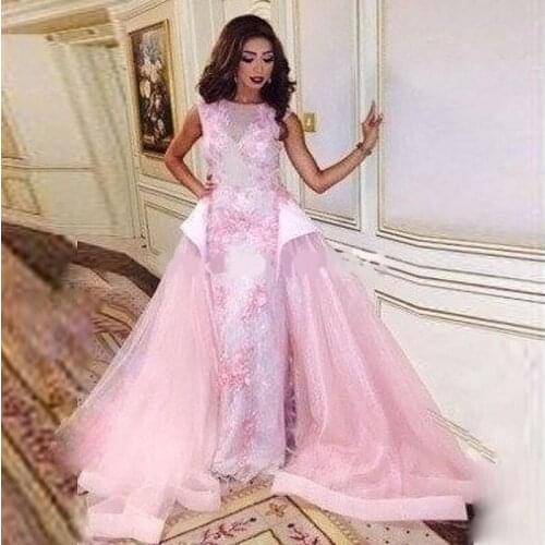Pink Saudi Arabic Evening Dresses Abaya Fancy Scoop Appliques Middle East Formal Elegant Long Prom Party Gowns Custome Made