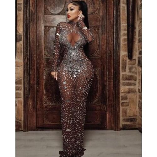 Sexy Mesh Perspective Mirrors Rhinestones Evening Celebrate Birthday Long Dress Women Bar Nightclub Party Outfit Show Stage Wear