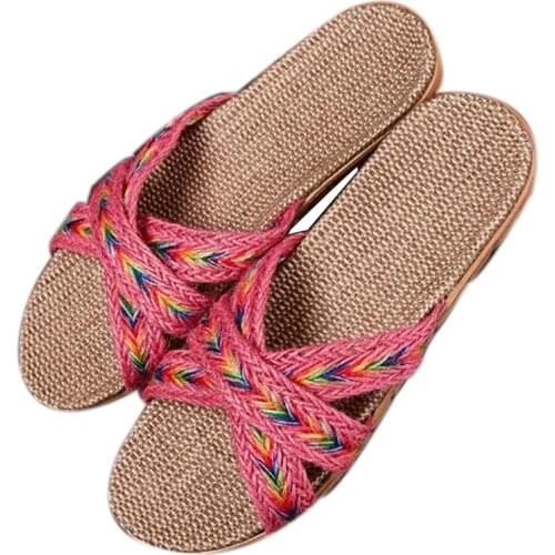 Womens Home Linen Slippers Outside Cross Slippers Outdoor Beach Flax Flip Flops Women Slides Flat Girls Sandals House Shoes