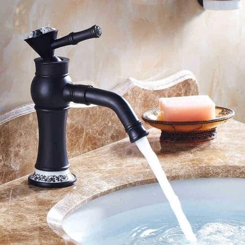 LIUYUE Basin Faucets Black Brass Retro Porcelain Bathroom Rotate Water Mouth With Diamond Cold Hot Water Crane Sink Mixer Taps