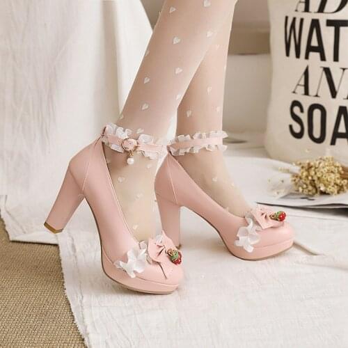 Summer 2021 Ladies Heels Platform Cute Bow Lace Princess Mary Jane Lolita Shoes Party High Heel Buckle Women Sweet Pumps Pink